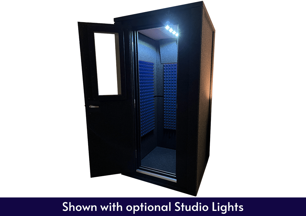A WhisperRoom MDL 4242 E is shown from the front with the door open, studio lights, and a blue text box that describes the features shown with the sound booth image.