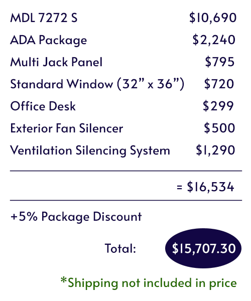 Itemized pricing for WhisperRoom's Audiology Deluxe Package.