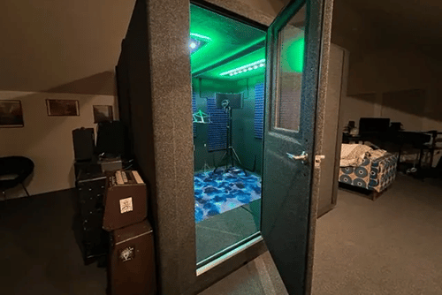 A look at The Party Farm's WhisperRoom 9696 S is shown inside a home recording studio.