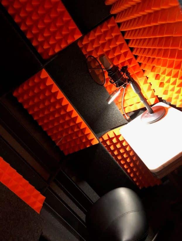 The interior of voice actress Joanna Teljeur's WhisperRoom MDL 4848 S vocal booth shown with the acoustic tuning package.