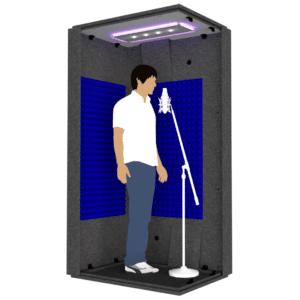 A person and a microphone inside the MDL 4230 illustrate the 3.5' x 2.5' interior size of the booth.
