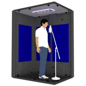 A person and a microphone inside the MDL 4260 illustrate the 3.5' x 5' interior size of the booth.