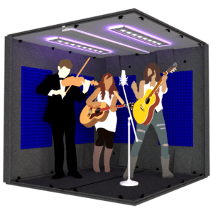 A violinist and two guitar players inside the MDL 8484 illustrate the 7' x 7' interior size of the booth.