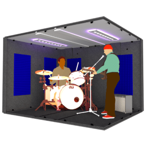 A drummer and guitar player inside the MDL 96120 illustrates the 8' x 10' interior size of the booth.