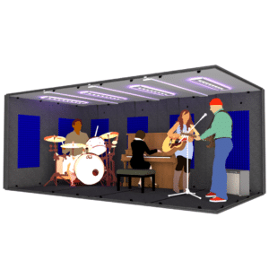 A drummer, guitar player, piano player, and acoustic guitarist inside the MDL 96192 illustrates the 8' x 16' interior size of the booth.