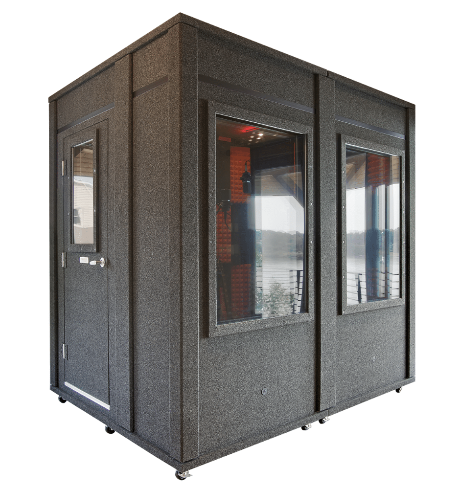 A sleek WhisperRoom broadcasting and podcasting booth (6' x 8') perfectly designed for professional audio recording. This sound isolation enclosure provides an ideal environment for broadcast and podcast productions, ensuring excellent audio quality and minimizing external noise interference. The booth features a sturdy construction and a spacious interior, equipped with professional-grade equipment to support high-quality audio recording and broadcasting. Ideal for those seeking top-notch broadcasting and podcasting booth solutions.