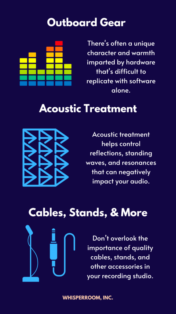 An info graph that illustrates recording studio essentials like outboard gear, acoustic treatment, and cables, stands, and more.