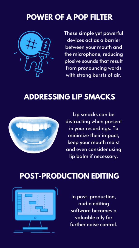 Image: An infographic highlighting important aspects of voice recording. It includes sections on the benefits of a pop filter, techniques for addressing lip smacks, and the significance of post-production editing.