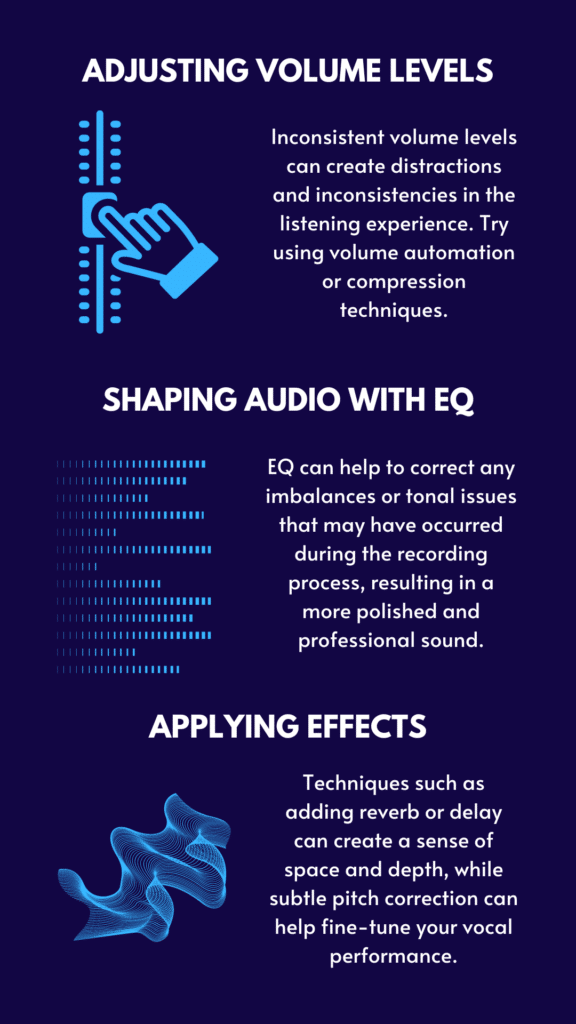 Image: An infographic showcasing key elements of audio post-production. It features sections on adjusting volume levels, shaping audio with EQ, and applying effects for enhanced sound quality.