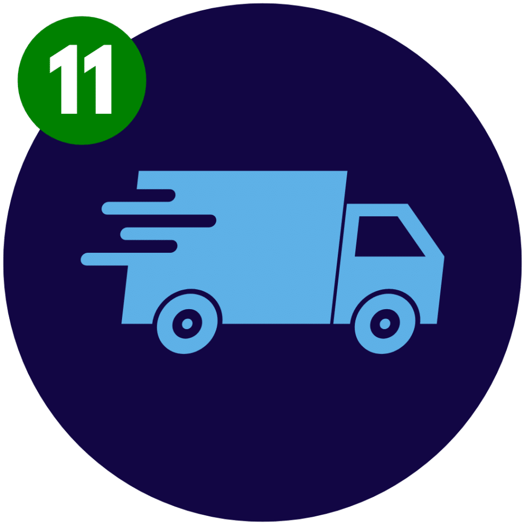 Circular image featuring a graphic of a delivery truck in motion, representing the fast turnaround time of WhisperRoom. This image visually illustrates the efficient shipping and delivery process associated with WhisperRoom booths. The graphic of the delivery truck emphasizes the promptness of order processing and shipment, highlighting the commitment to providing quick turnaround times for customers.
