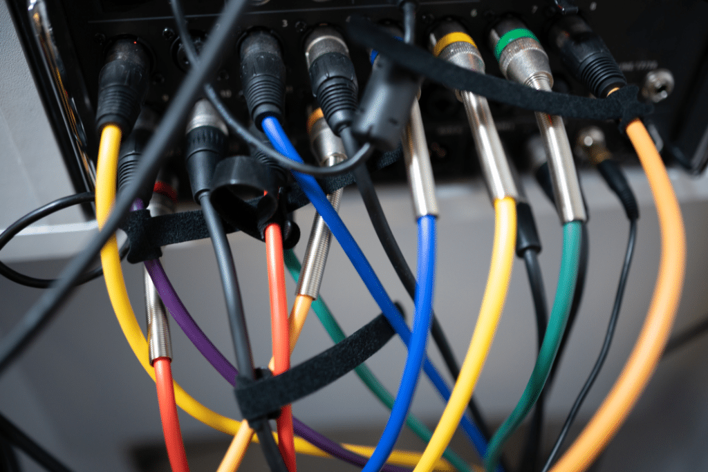 Various instrument and microphone cables plugged into a mixer. The cables are of different sizes, makes, and colors, forming a tangled but organized cluster. The cables are connected to the input ports of the mixer, enabling the transmission of audio signals from different instruments and microphones for mixing and processing.