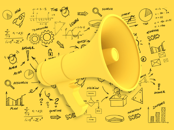 A yellow megaphone with hand-drawn icons representing branding and growing your brand. Icons include teamwork, alarm clock, tax graphs, research, partnership, time, search, and answer.