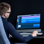 A man passionately editing audio in a professional Digital Audio Workstation (DAW) within a sound isolated space. Learn how to transform your music into a successful business.