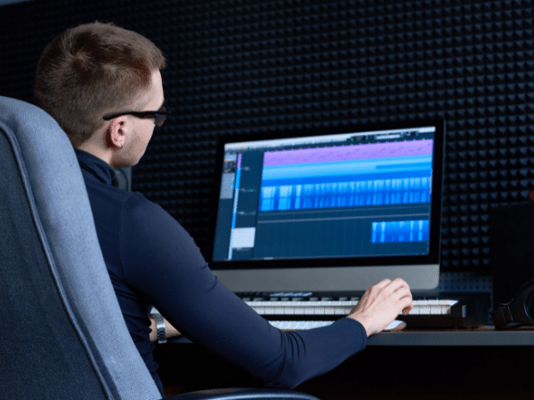 A man passionately editing audio in a professional Digital Audio Workstation (DAW) within a sound isolated space. Learn how to transform your music into a successful business.