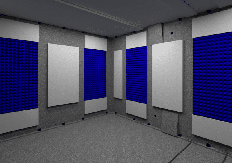 Interior view of WhisperRoom with new Acoustic Package - Diverse assortment of Fabric Acoustic Panels enhancing acoustical environment.