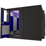 8' x 8' double-walled Drum Booth Package - Open door view showcasing spacious interior and acoustic treatment for optimized sound isolation and acoustics.