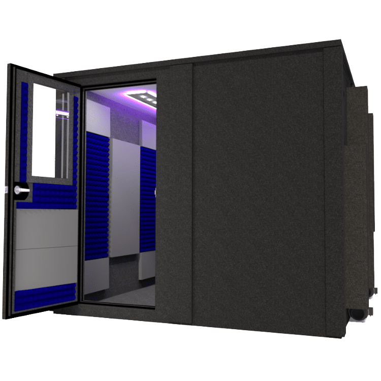 8' x 8' double-walled Drum Booth Package - Open door view showcasing spacious interior and acoustic treatment for optimized sound isolation and acoustics.