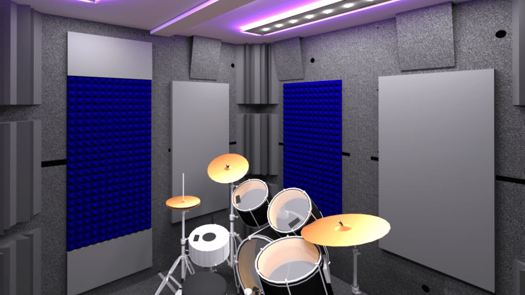 Interior view of 8' x 8' double-walled Drum Booth Package - Complete drum kit setup with acoustic treatment, bass traps in corners, and ceiling-mounted LED studio lights for superior sound isolation and optimal acoustics.
