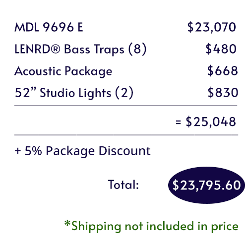 Itemized pricing breakdown of WhisperRoom's double-walled Drum Booth Package.