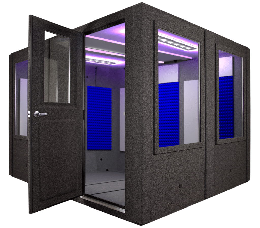 WhisperRoom MDL 96120 S (8' x 10') soundproof booth with open door and illuminated interior.