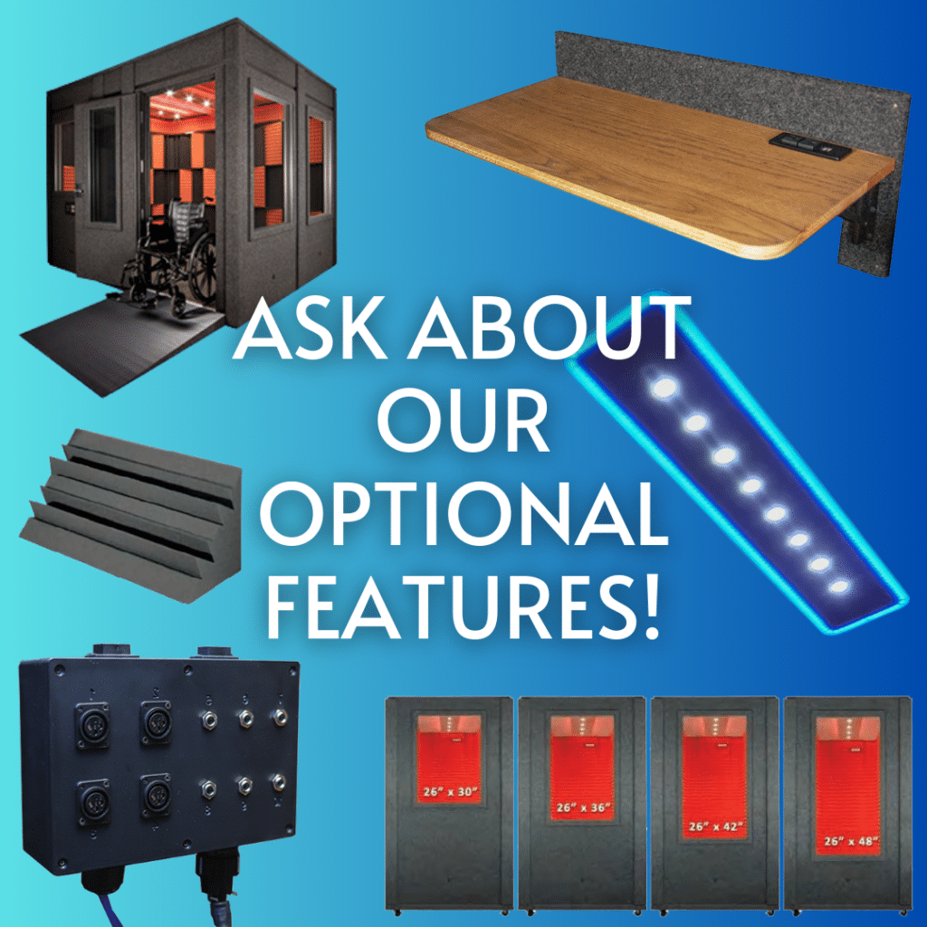 Variety of WhisperRoom optional features displayed on a blue background with overlaid text that reads 'Ask about our Optional Features!