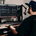 Man sitting at home studio recording desk, focused on digital audio workstation (DAW), showcasing the essence of home studio construction for musicians.